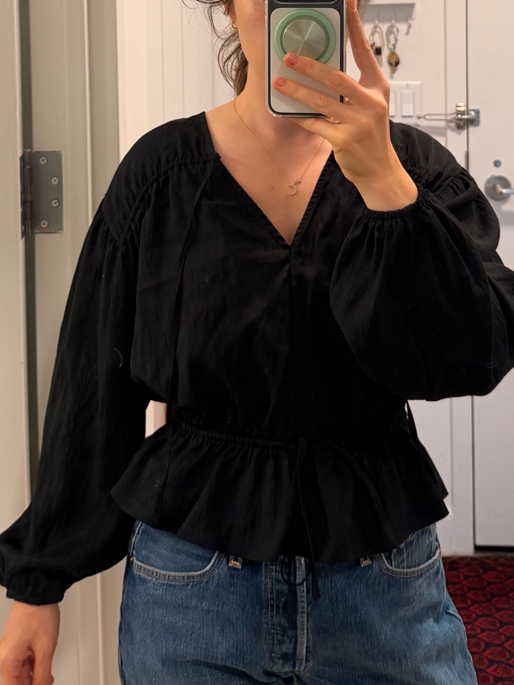 Rails Black V-Neck Peplum Long-Sleeve Blouse